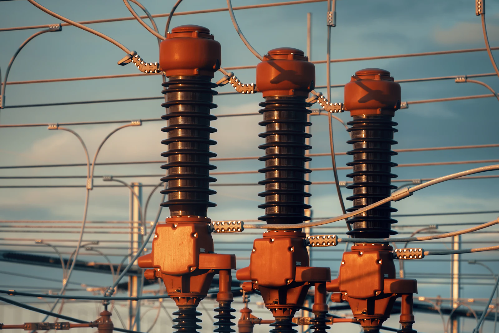 Three high-voltage substation units with orange housings and ribbed insulators in evening light.