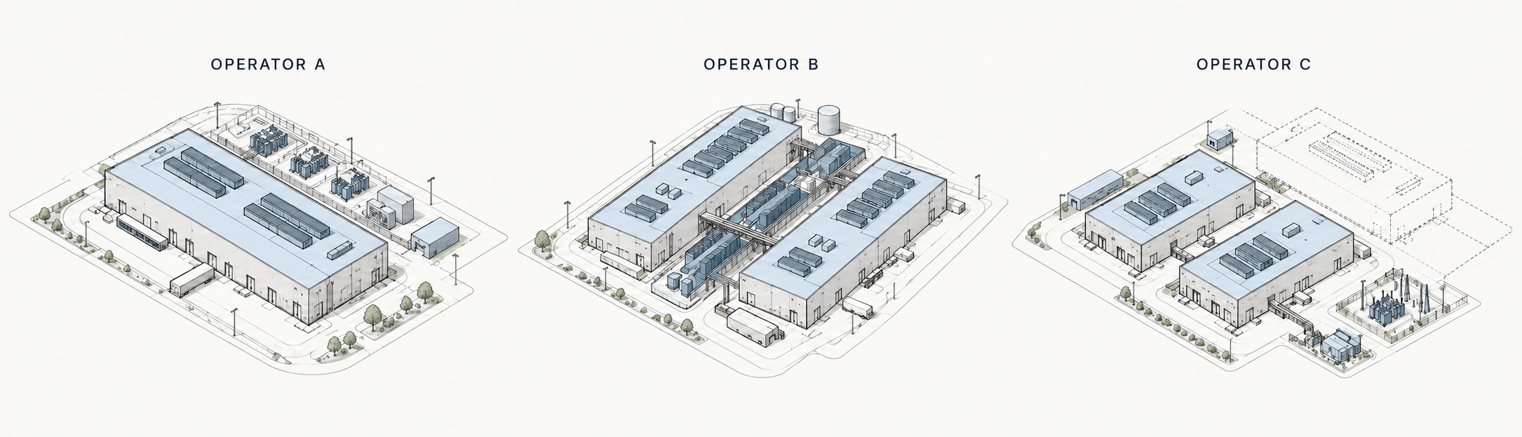 Three conceptual colocation operator campuses, with subtle blue infrastructure accents and a dashed future expansion area.