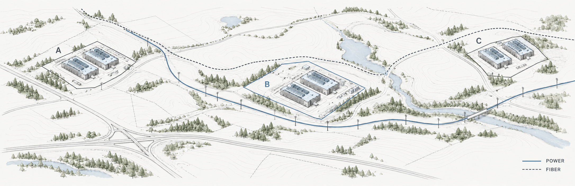 Three conceptual data center sites within a landscape, with blue-roofed buildings, sage vegetation, and distinct power and fiber routes.