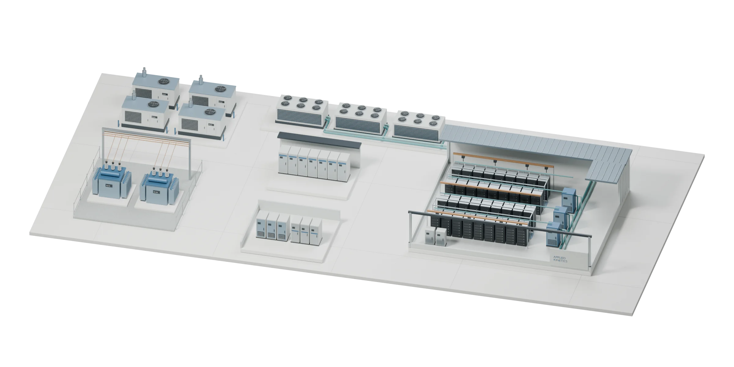 Detailed isometric data center campus with blue-gray transformers, generator enclosures, switchgear, UPS cabinets, and cooling equipment on a light concrete base. The data hall cutaway reveals server racks, coolant piping, and overhead power distribution.