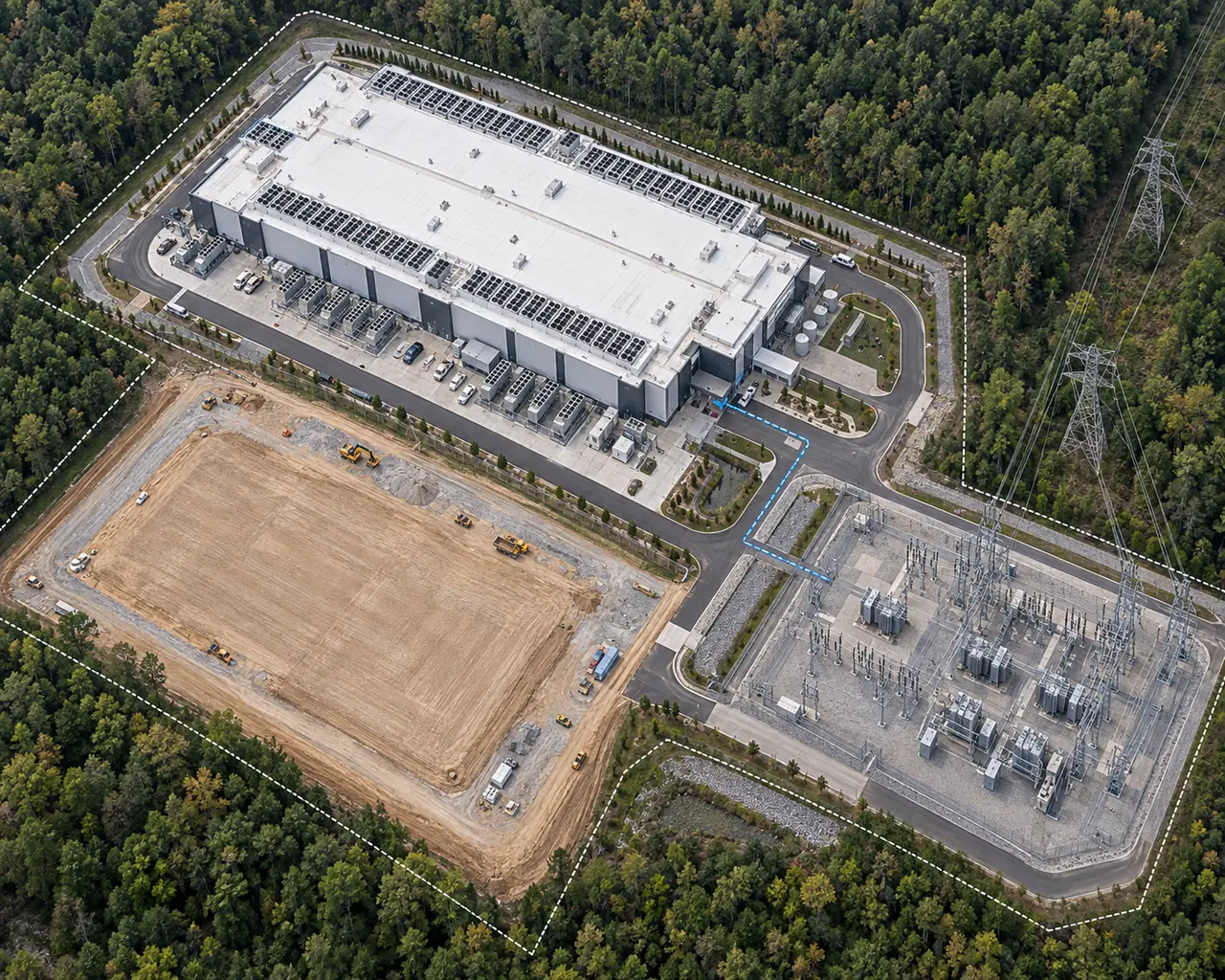 Conceptual illustration, not a real approved project: an aerial view of a data center campus with a cleared expansion site beside it and an electrical substation, the site boundary marked by a dashed line and a blue line tracing the connection from the substation to the building.